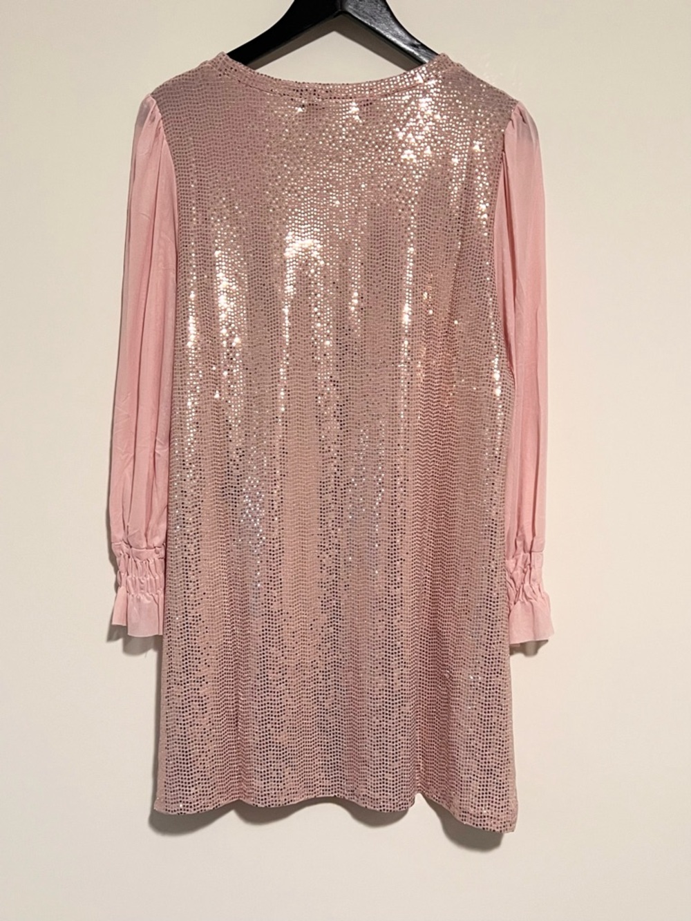 Origami Sequin Blush Pink Mini Dress with Sheer Sleeves - Picture 5 of 9